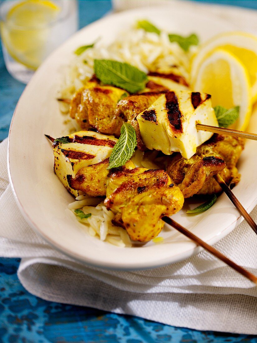 Grilled chicken and tofu skewers
