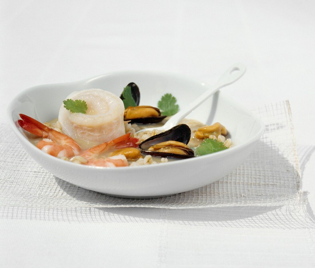 Sole nage with mussels, prawn and pearl barley