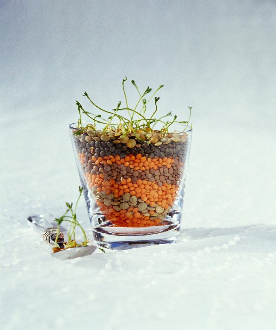 Various types of lentils in a glass