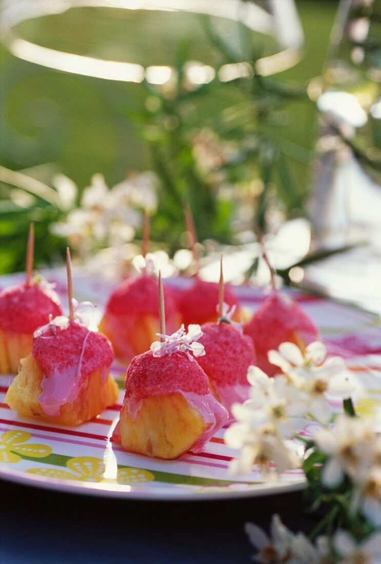 Pineapple and strawberry Tagada candy skewers