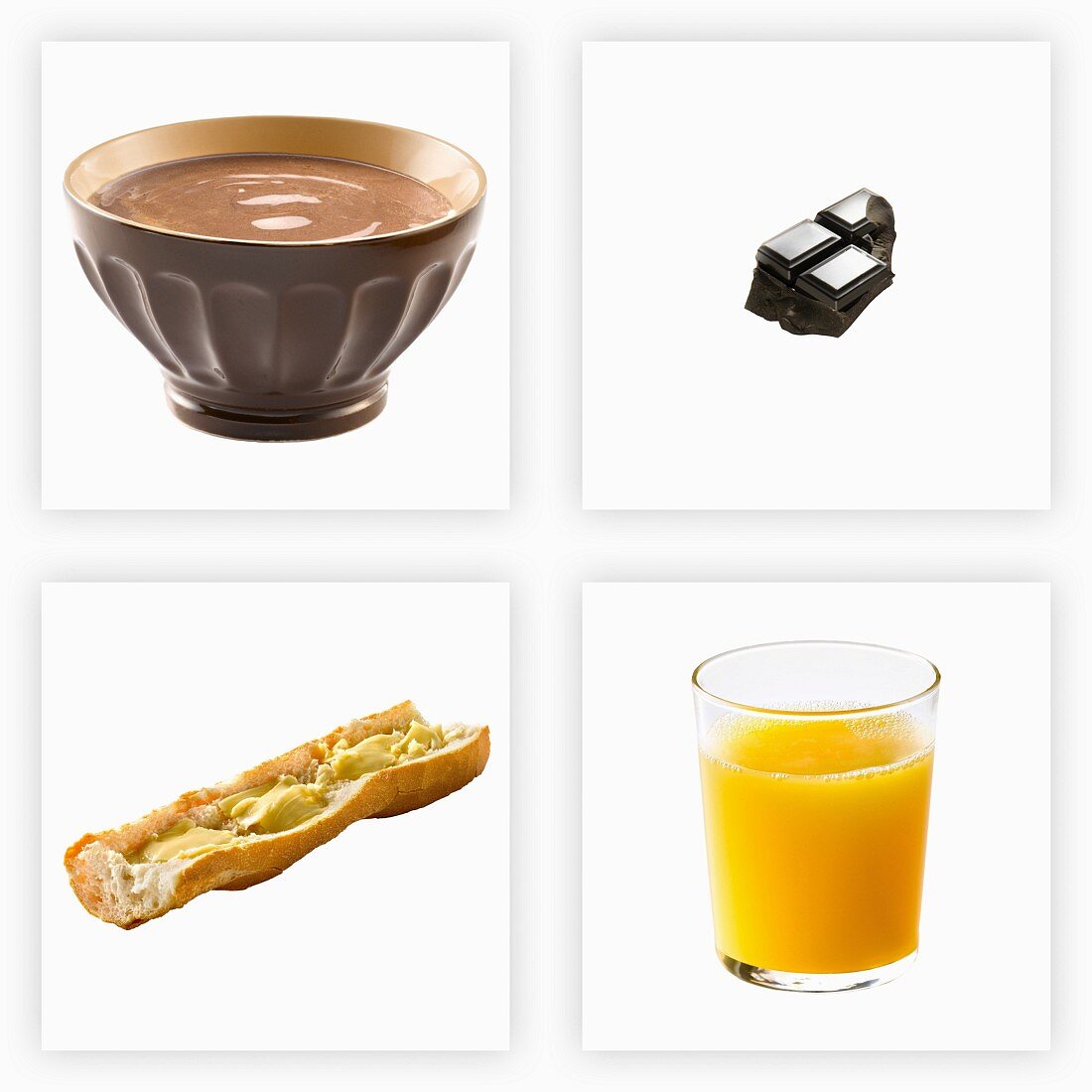 Frühstückszutaten (Kakao, Schokolade, Baguette, Orangensaft)