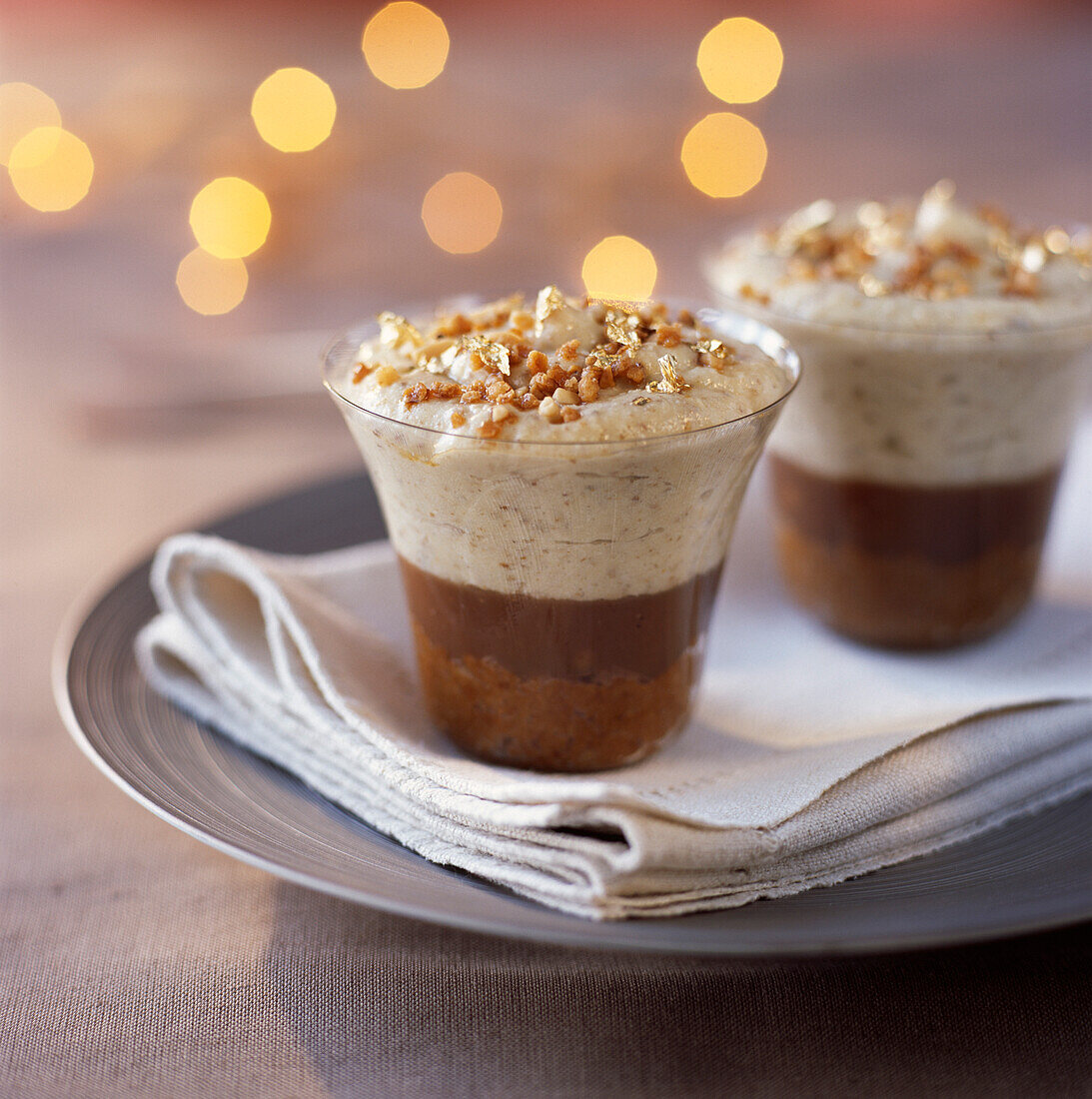 Walnut cream,chestnut and brownies in coffee dessert