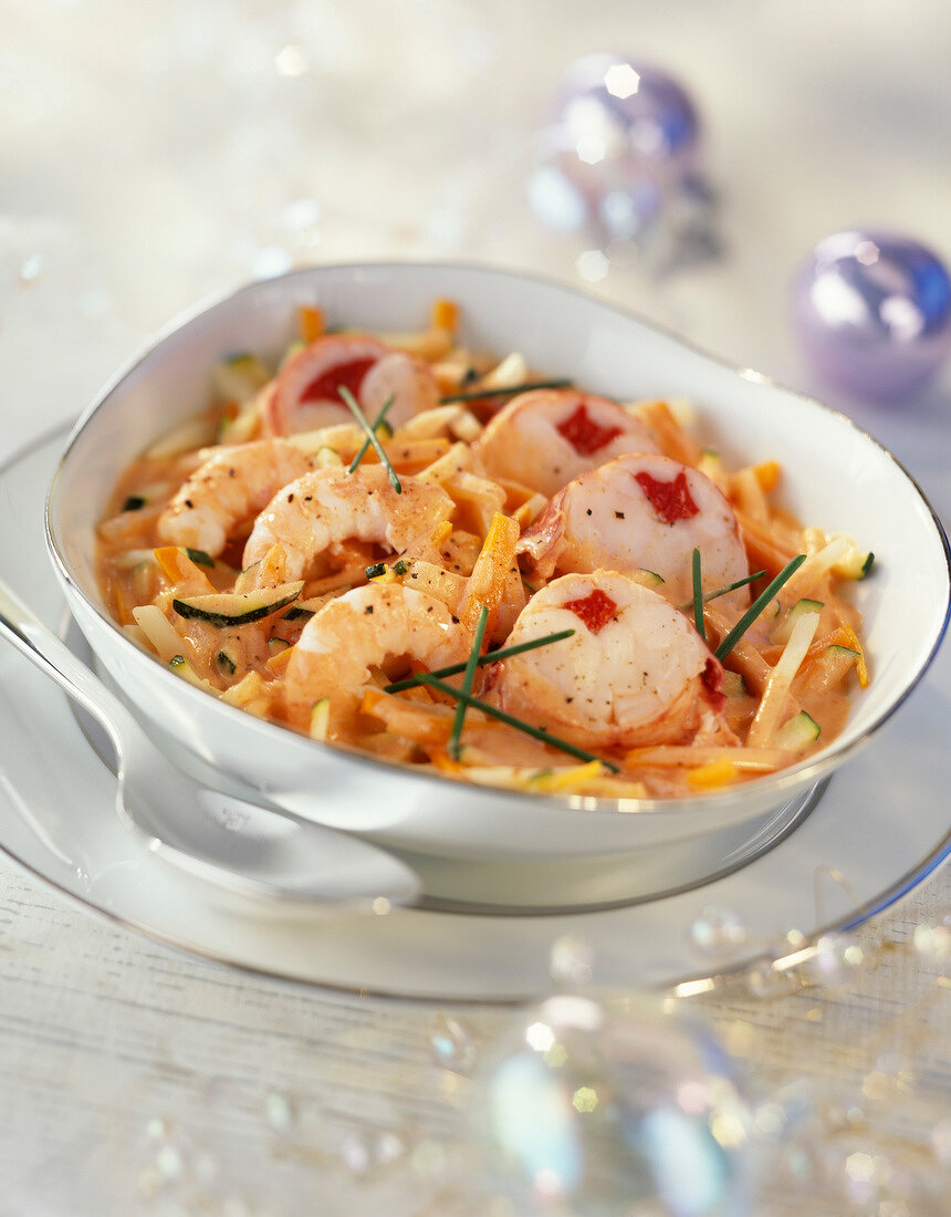 Vegetable Julienne with lobster and shrimps, lobster sauce