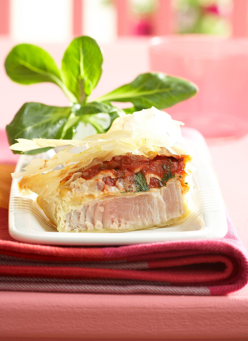 Tuna,tomato and chervil filo pastry pie