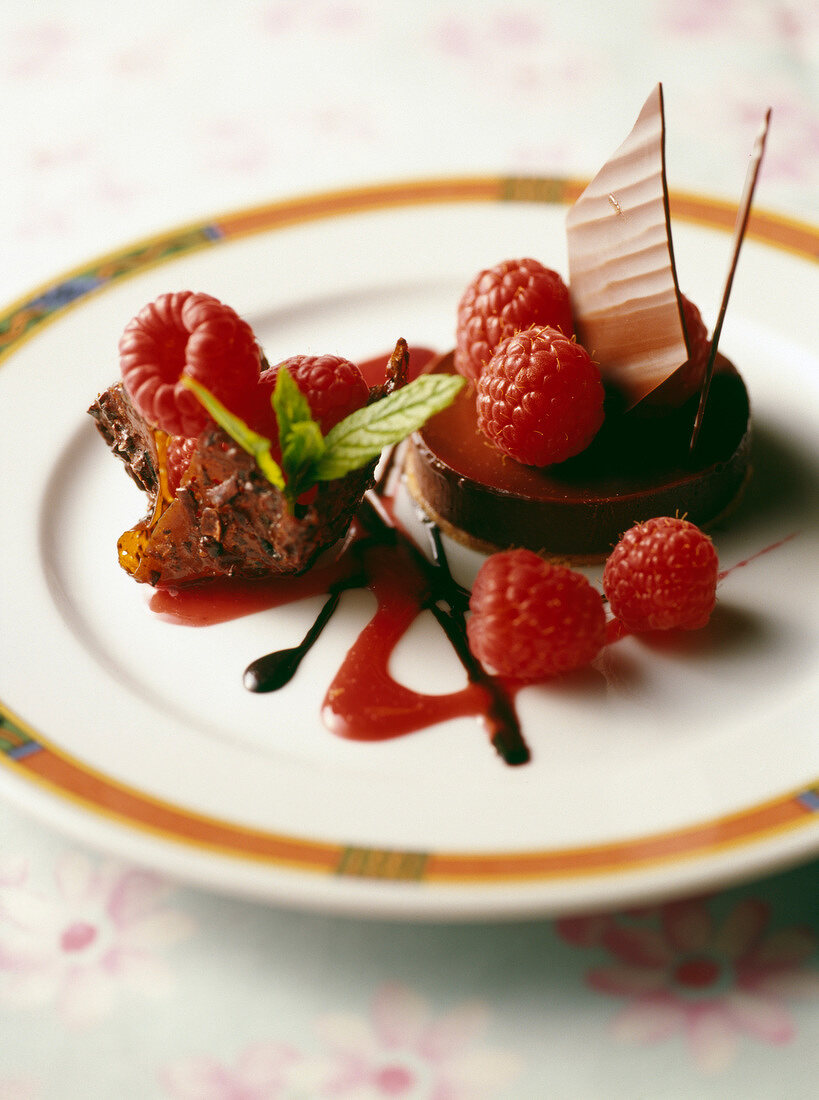 Tin pastry chocolate tart with raspberries and Beaujolais sauce