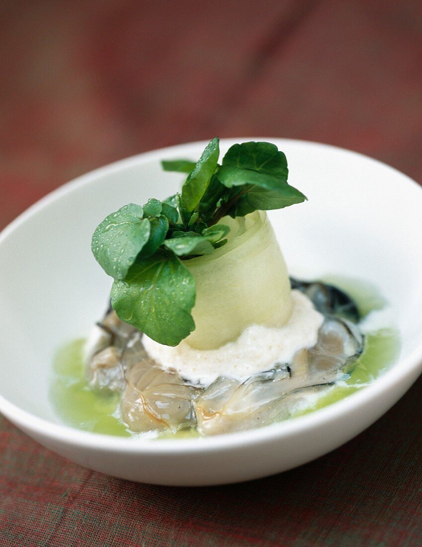 Oysters with tarama,cucumber juice and watercress