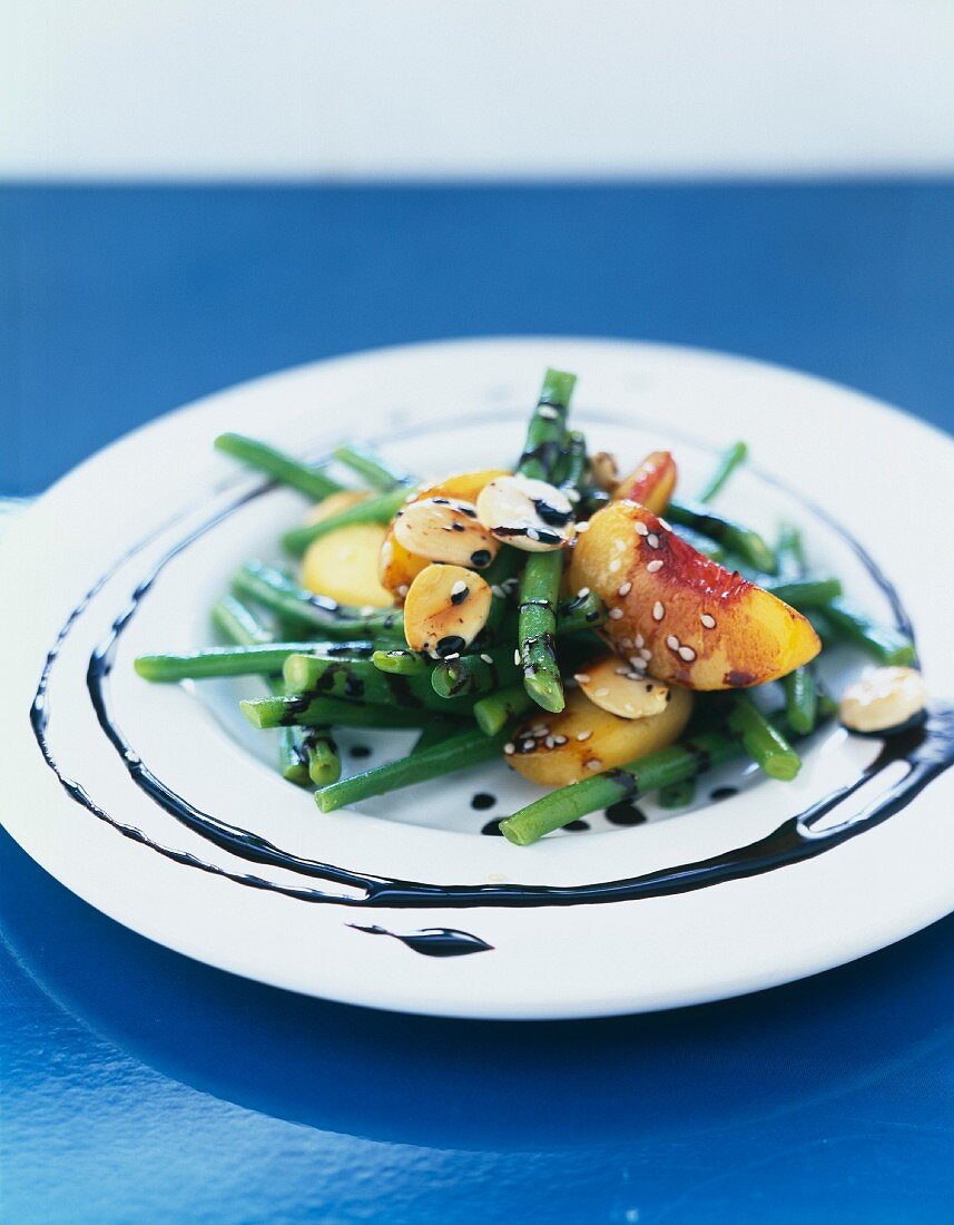 Green bean, peach and thinly sliced almond salad