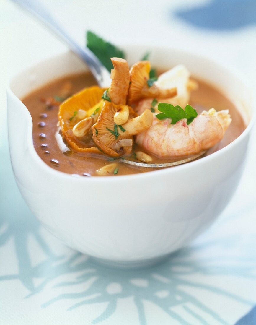 Chilled Dublin Bay prawn soup with pan-fried chanterelles