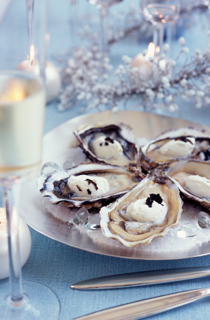 Oysters with foie gras-flavored whipped cream