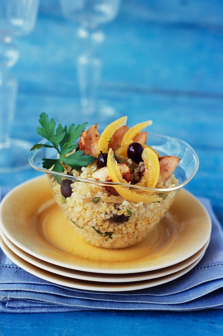 Quinoa, chicken, olive and confit citrus salad