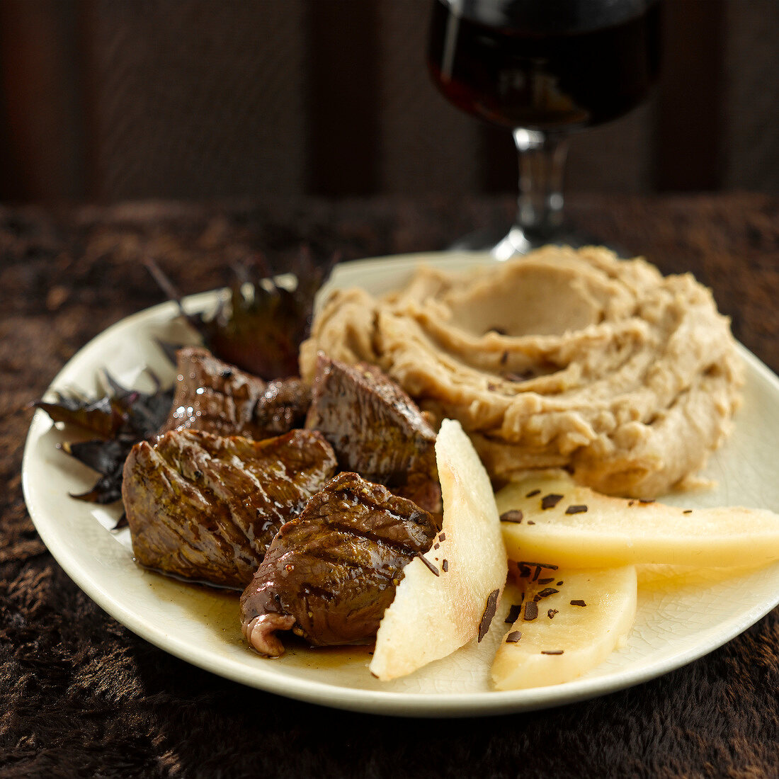 Grilled beef with pears and chestnut puree