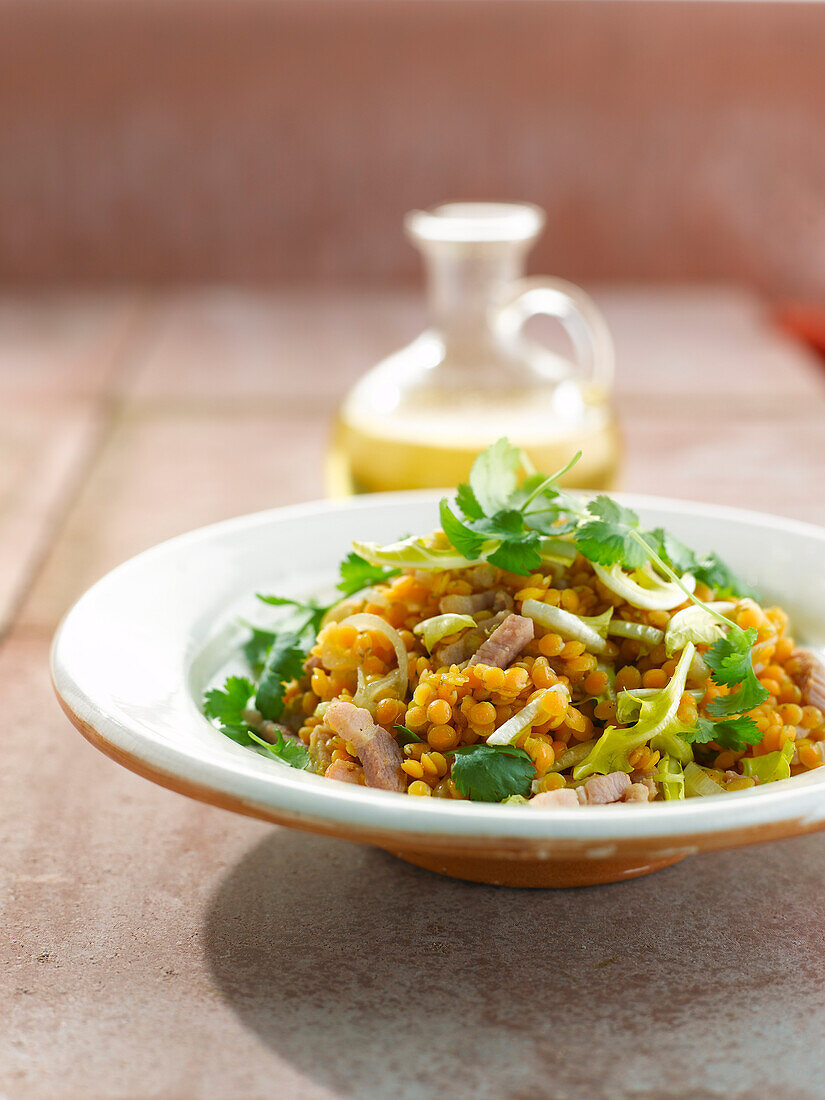 Orange lentil,diced bacon and parsley salad