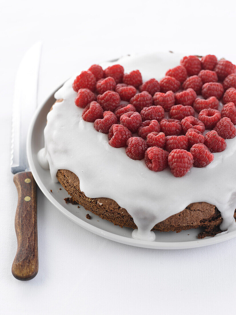 Chocolate cake coated with icing and fresh raspberries