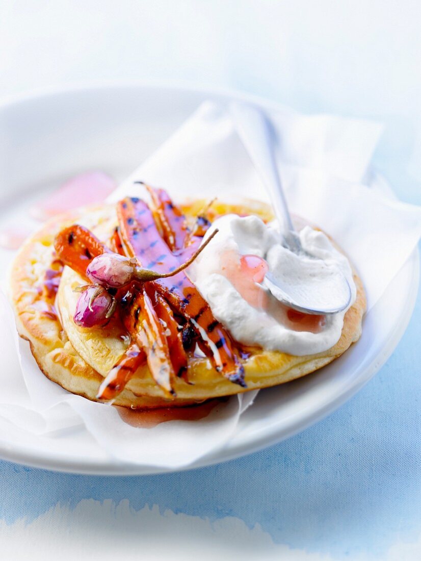 Pancakes with grilled carrots and rose jam