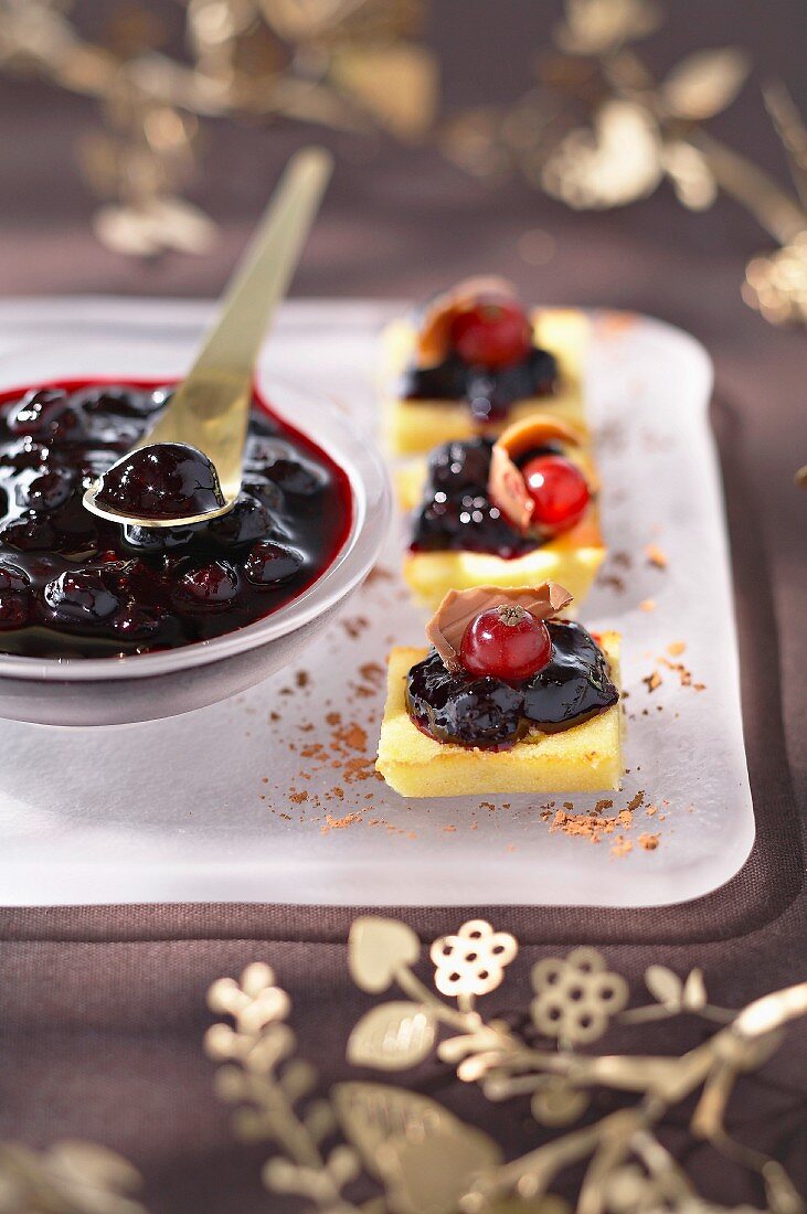 Polenta, wild blueberry jam, ginger and chocolate bites