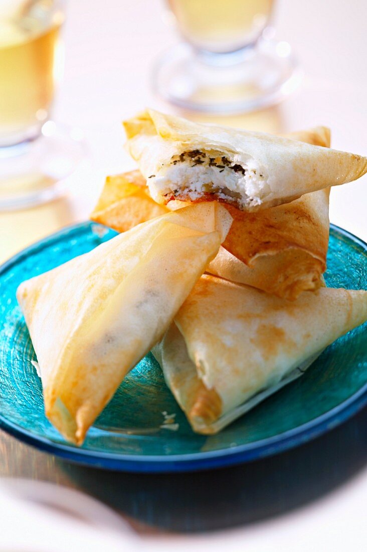 Goat's cheese, thyme and honey filo pastry triangles