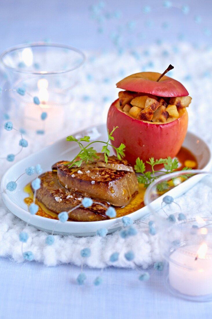 Pan-fried foie gras with cider, apple stuffed with blood sausage