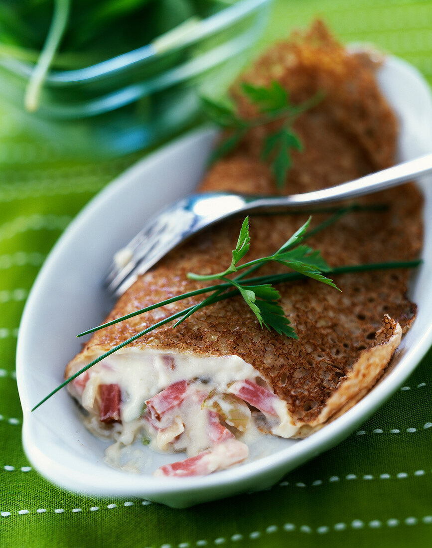 Diced bacon, onion and cream galette