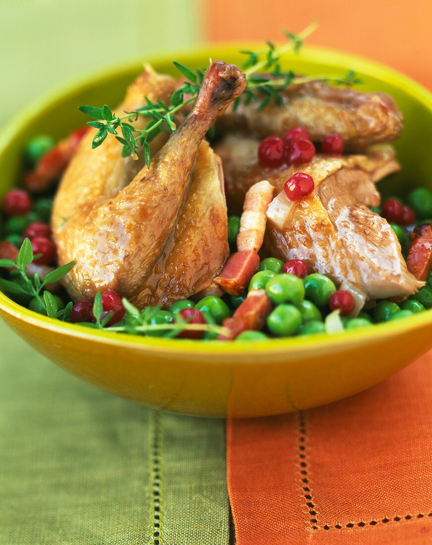 Pigeon with peas and diced bacon