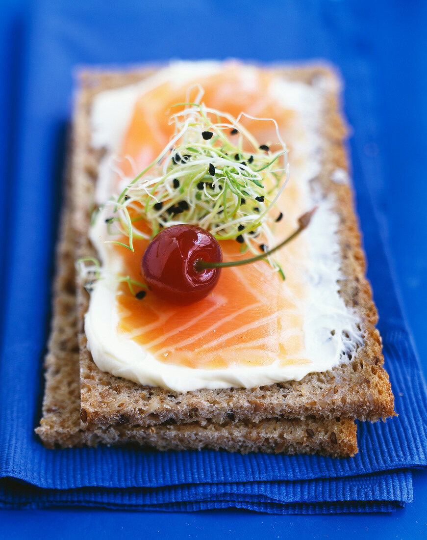 Smoked salmon, cream and young sprout wholemeal bread open sandwich