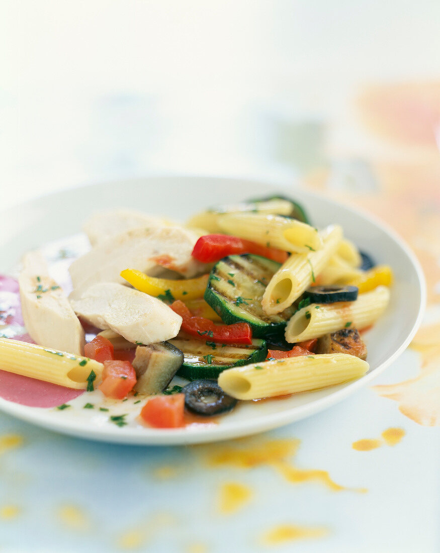 Sliced chicken breasts with penne and southern vegetables