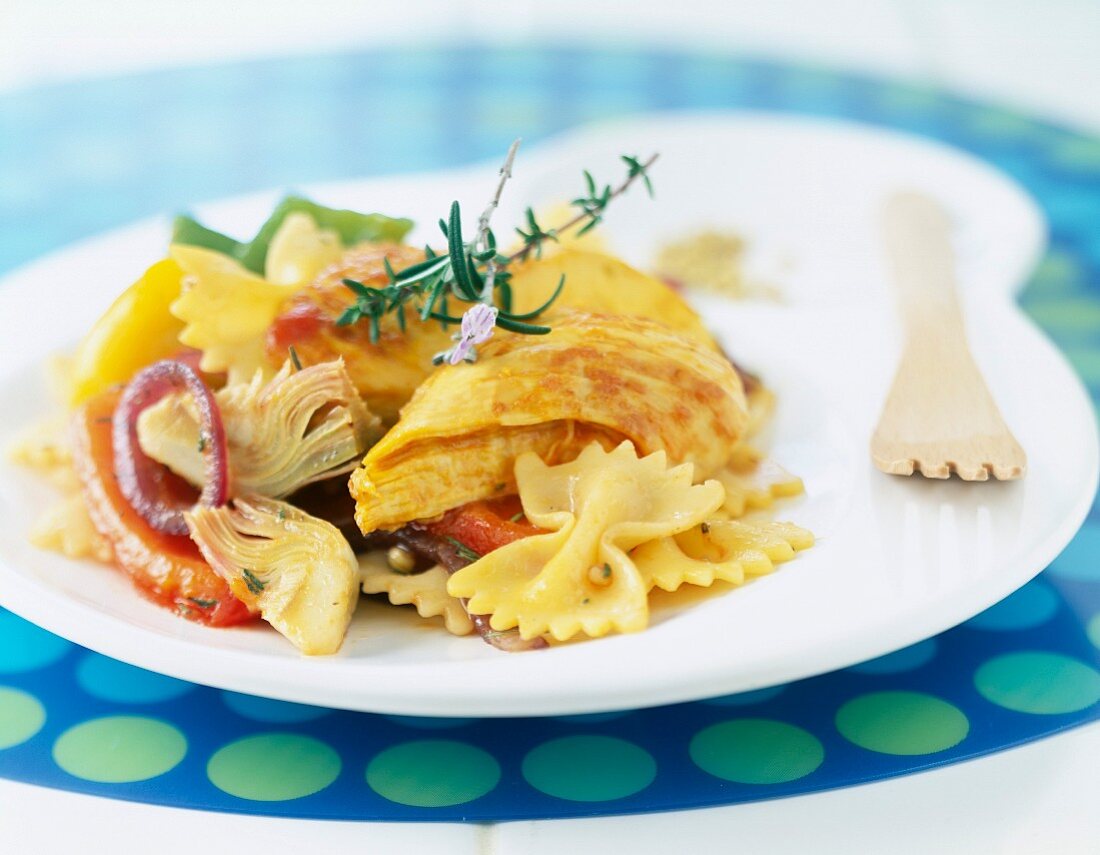 Chicken with farfalle and summer vegetables