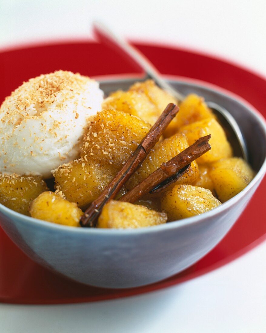 Pineapple and cinnamon fruit salad with coconut sorbet