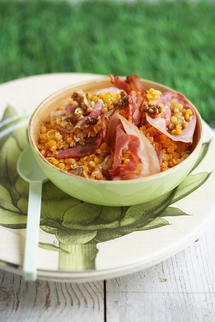 Orange lentil, pancetta and walnut salad