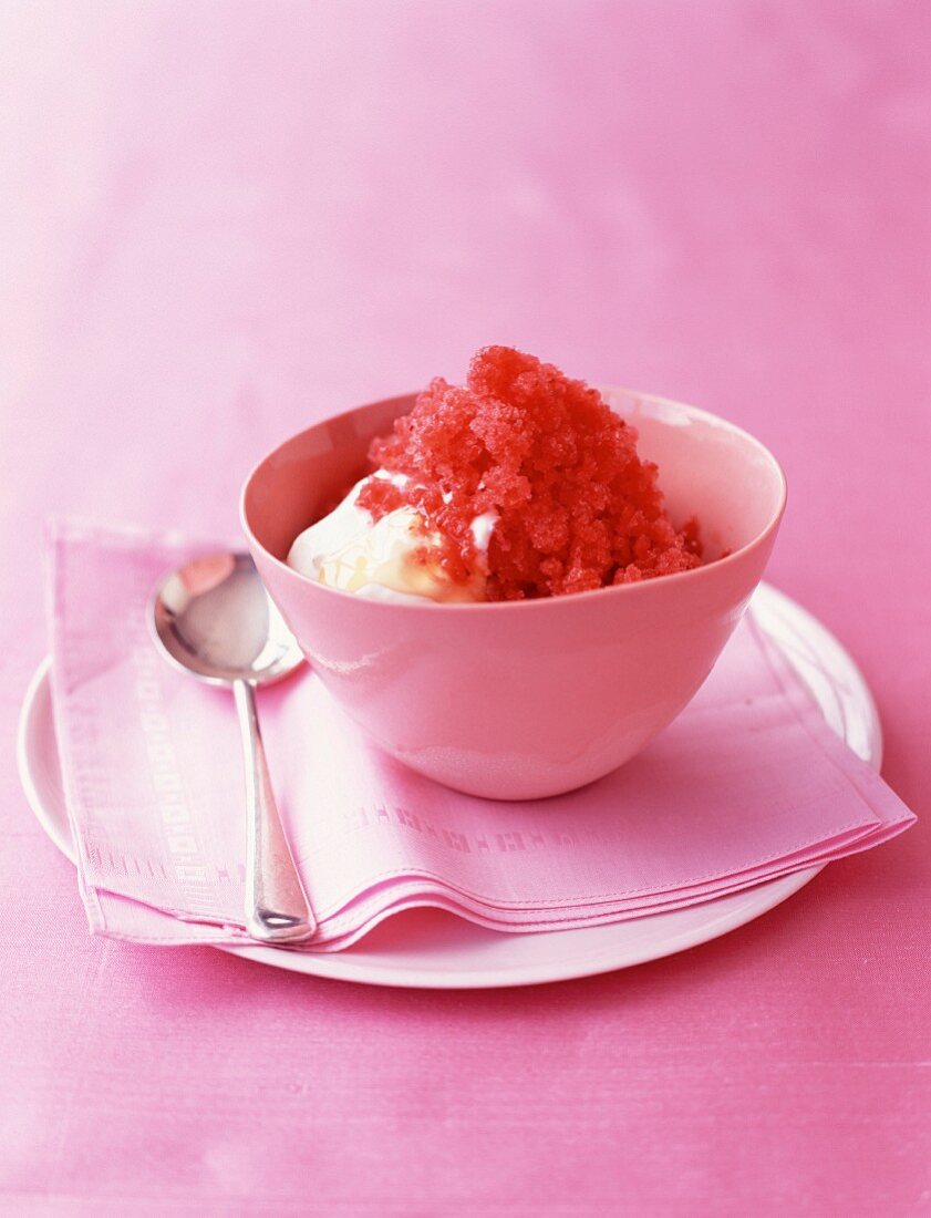 Honey ice cream topped with strawberry granita
