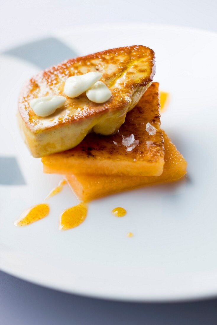 Pan-fried foie gras with grilled melon squares