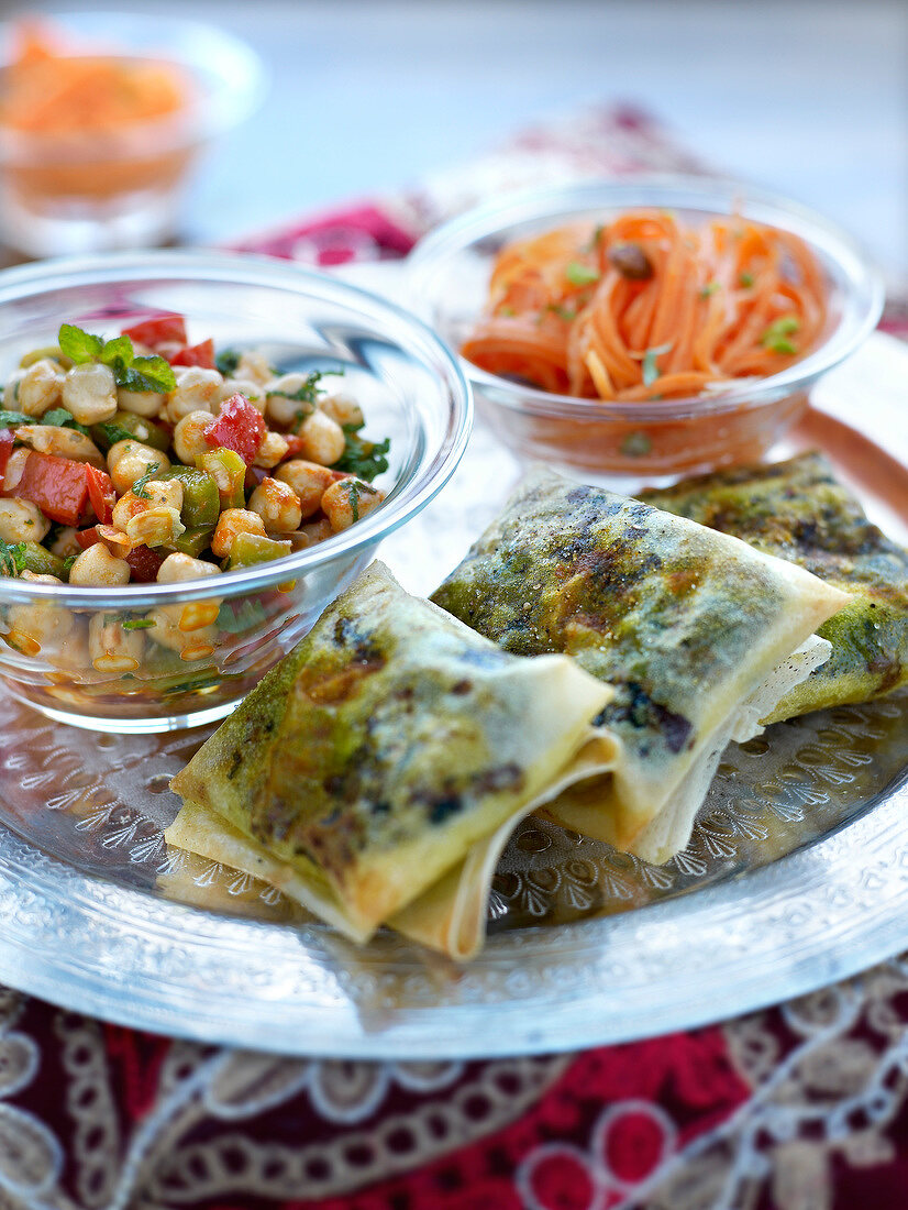 Spicy pea filo pastry pies,chickpea salad and carrot salad