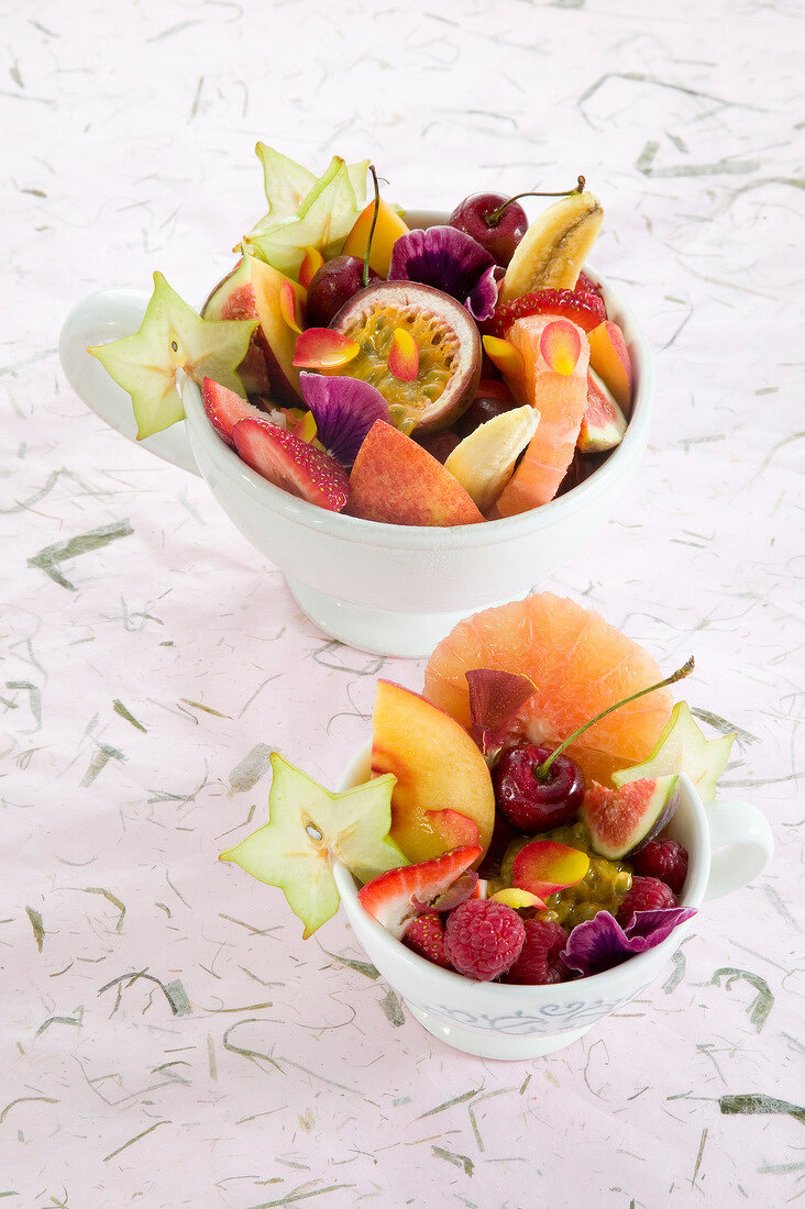 Fruit salad with pansy petals