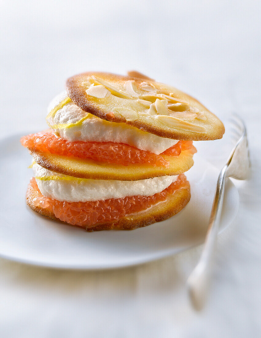 Almond tuile biscuit,pink grapefruit and lemon sorbet Mille-feuille