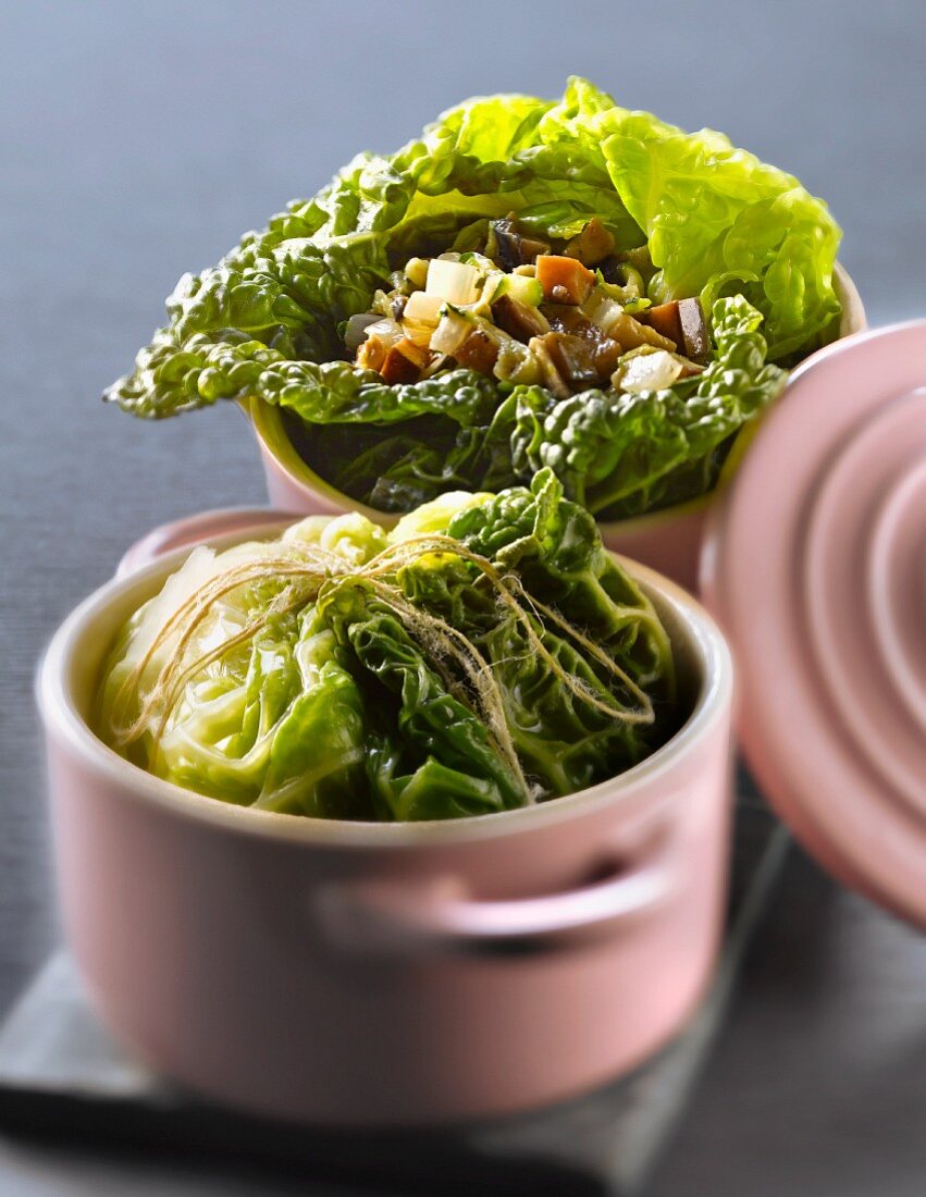 Casserole dish of cabbage with vegetable stuffing