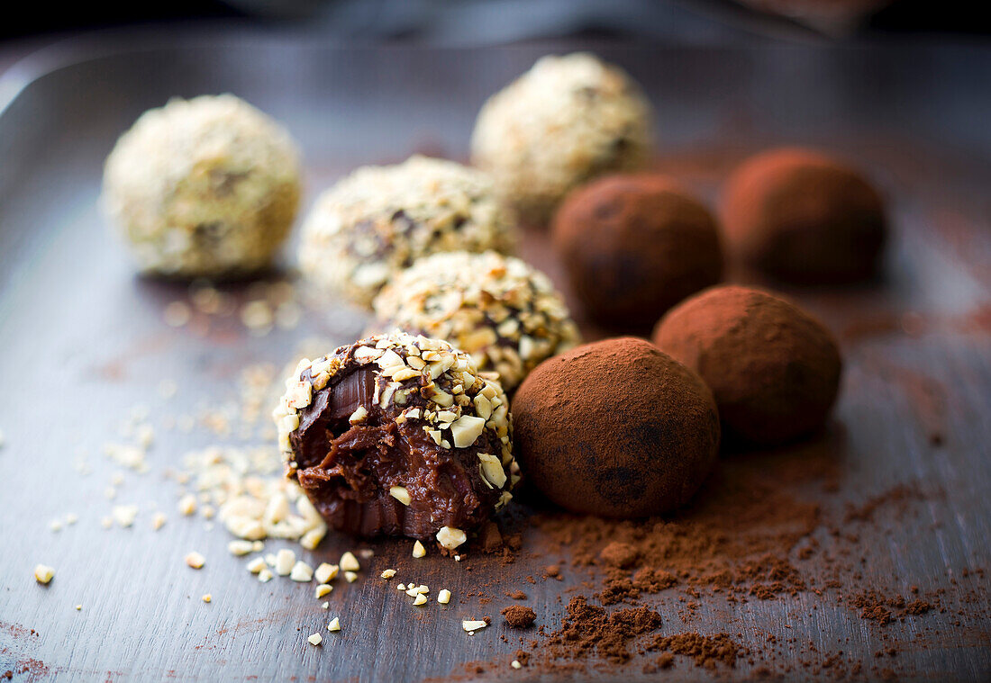 Different flavored chocolate truffles