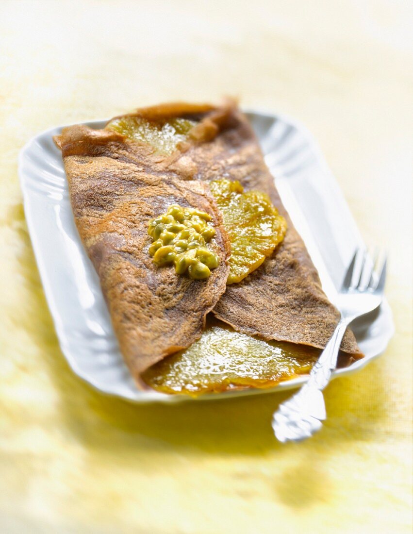 Chocolate,pineapple and passion fruit pancake