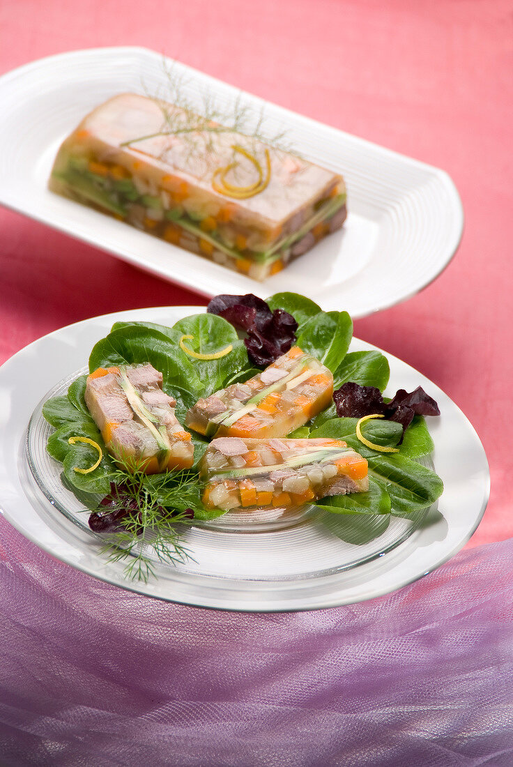 Tuna fillets and young vegetables in spicy aspic