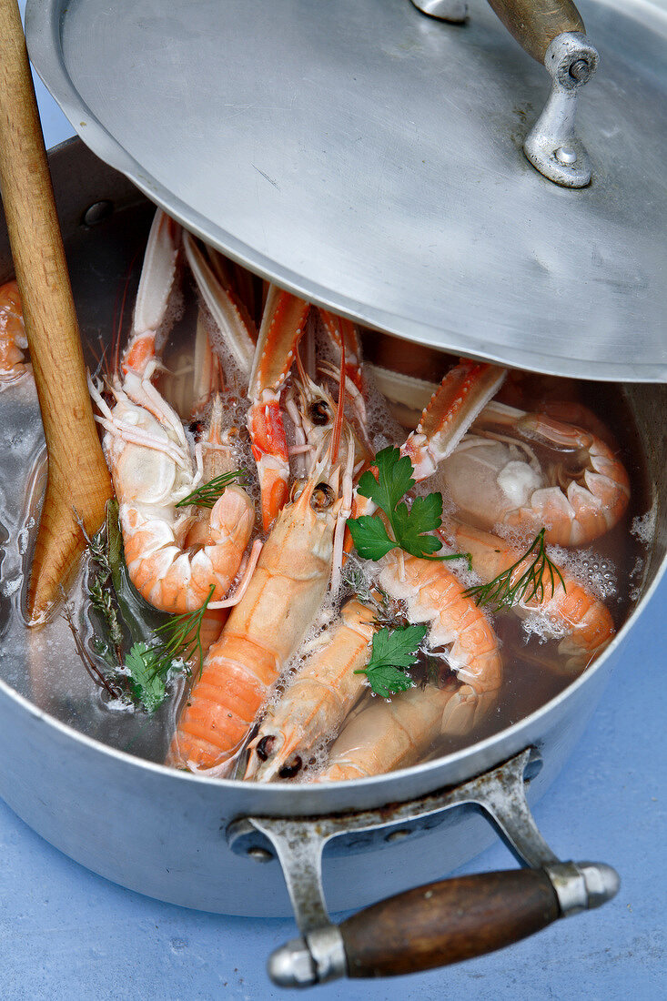 Dublin Bay prawns in a cooking pot