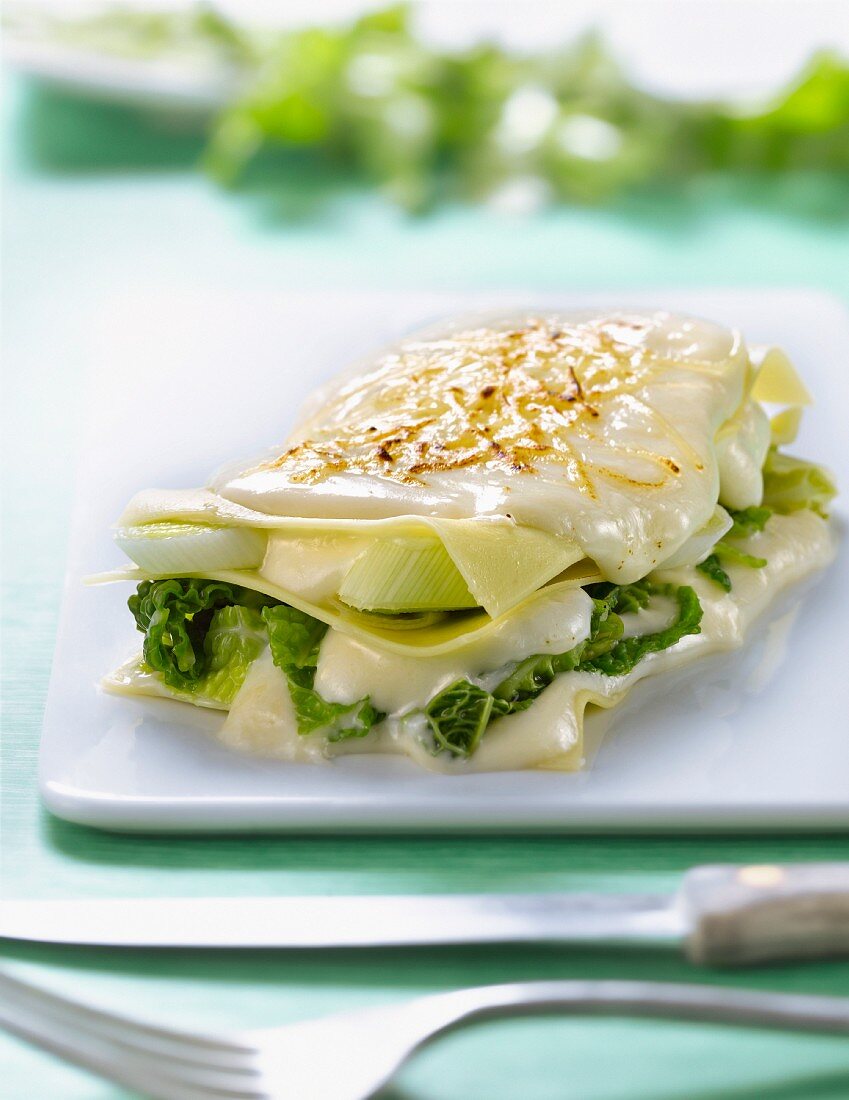 Leek and curly cabbage lasagnes