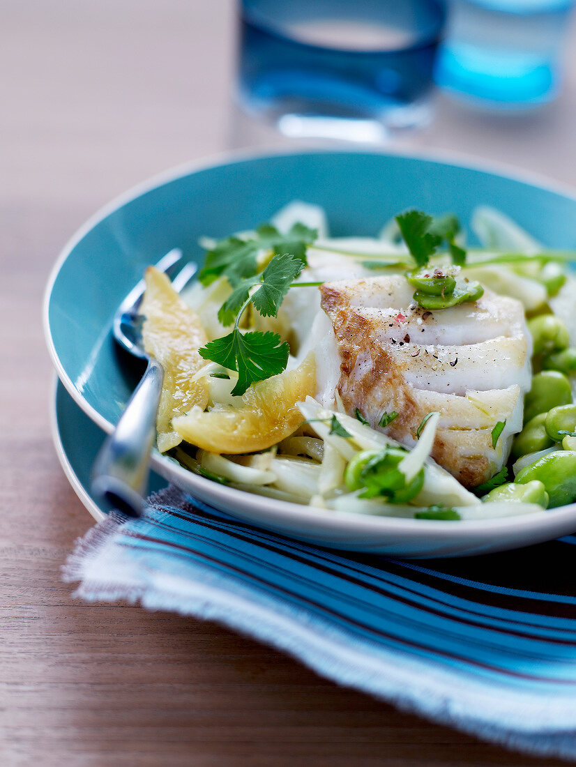 Pan-fried cod with broad beans and confit citrus