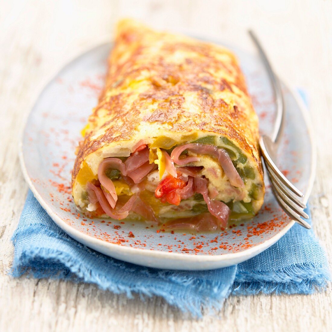 Bayonne ham,vegetable and Espelette pepper rolled omelette