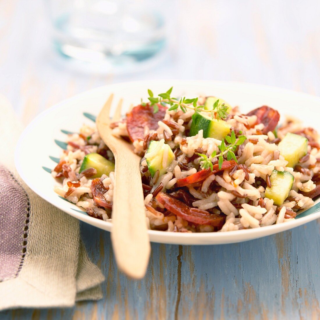 Camargue rice with chorizo and vegetables