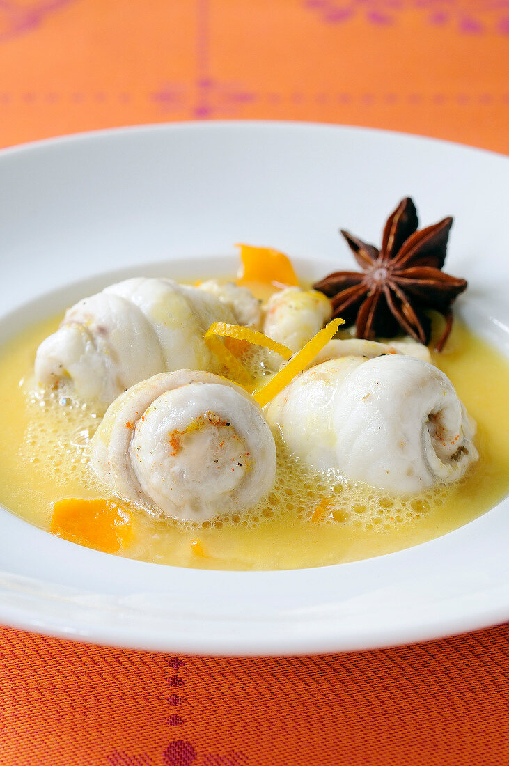 Rolled sole fillets with foamy citrus fruit sauce