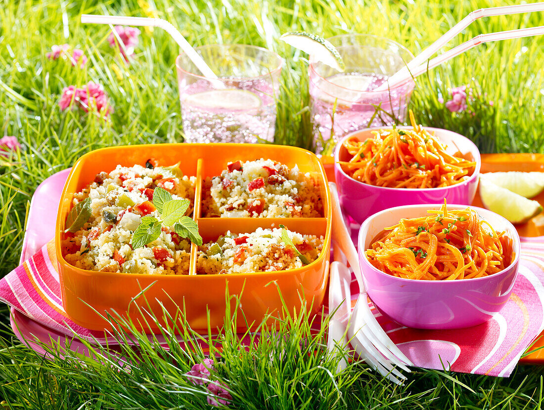 Picknick mit Couscous- und Möhrensalat