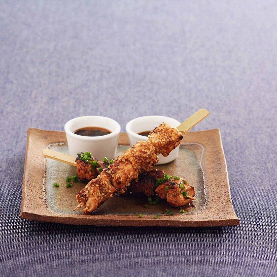 Chicken skewers with sesame seeds, and turkey skewers with chives