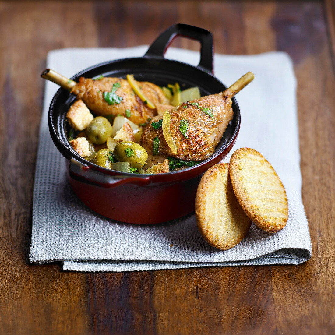 Chicken with confit citrus and olives, Breton galettes