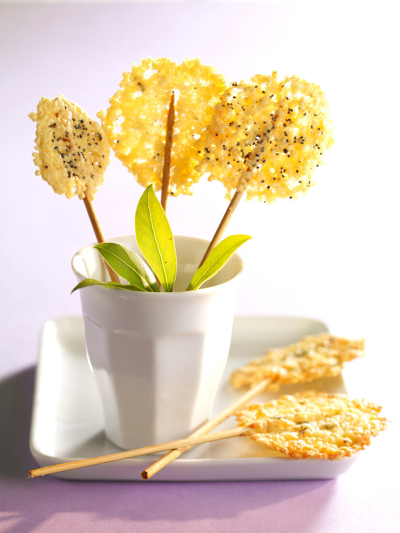 Crunchy cheese tuile biscuit lollipops