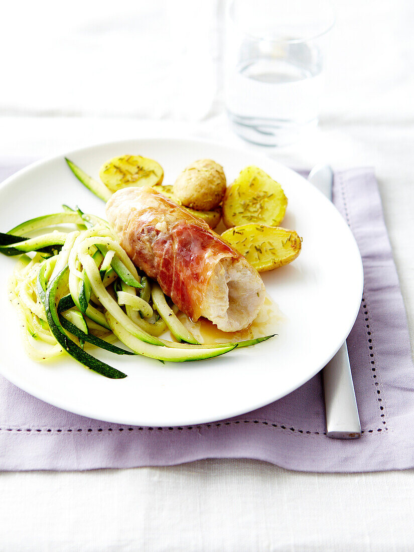 Rolled turkey fillet with prosciutto and parmesan,zucchinis and potatoes with rosemary