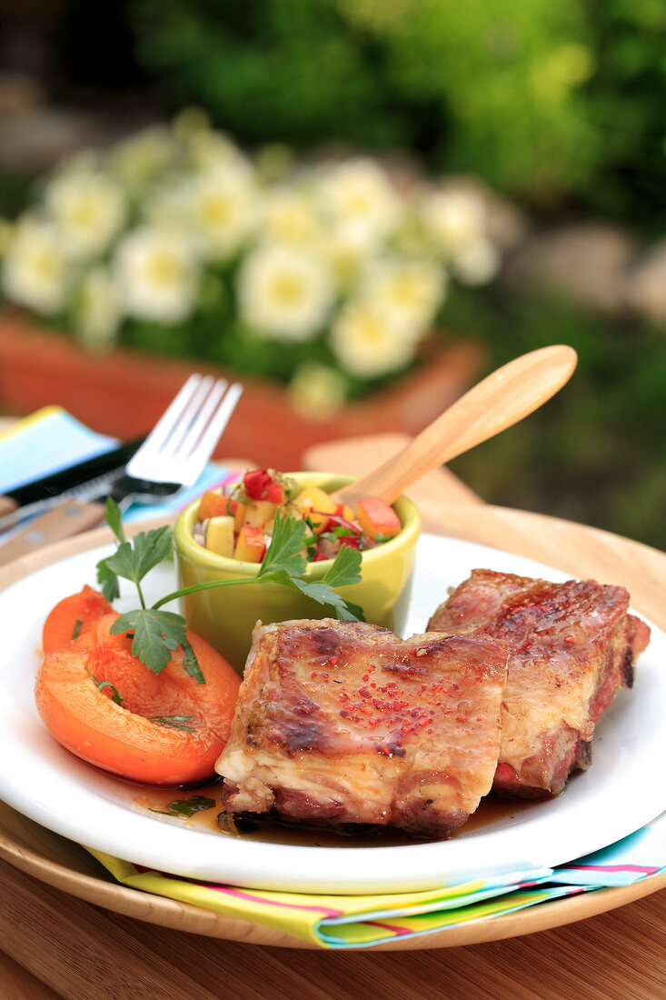 Apricot batter pudding with peach salad