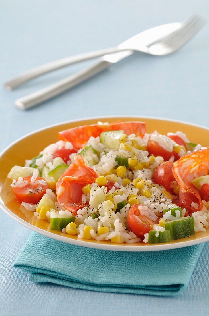 Long grain rice,chorizo,corn,cucumber and tomato salad